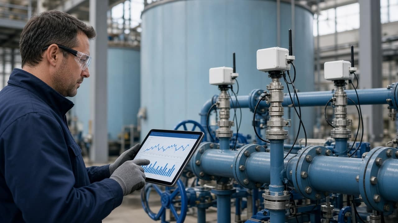 Sensores IoT de caudal en instalación de agua industrial